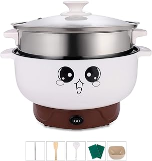 4-IN-1 Multifunction Electric Cooker Skillet Grill Pot Wok Electric Hot Pot for Noodles Cook Rice Fried Stew Soup Steamed Fish Boiled Egg Small Non-stick (2.3L, with Lid and Steamer)