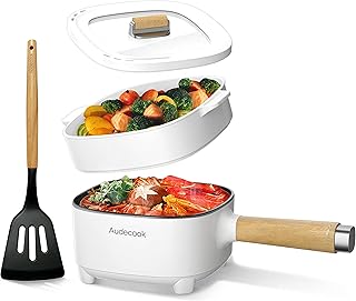 Audecook Hot Pot Electric 2L, Cermic Glaze Non-Stick Frying Pan 8 Inch, Portable Travel Cooker for RamenSteakFried RiceOatmealSoup, with Dual Power Control (Silicone Spatula Included)