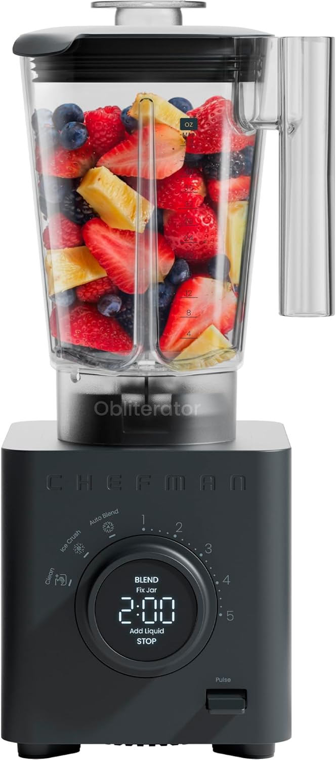 Chefman Obliterator 48 oz Countertop Blender for Smoothies, 1380W Motor to Crush Ice, Nuts, and Frozen Fruit with Stainless Steel Blade, Auto Blend Function, Includes Tamper and Scraper