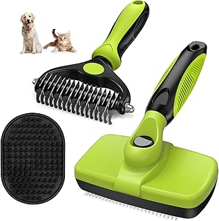 3PCS Self Cleaning Slicker Brush & Pet Grooming Rake & Bath Brush for Dogs,Cats and Horses  Double-Sided Dematting Comb & Skin Friendly Deshedding Grooming Tool  Premium Pet Supplies(Green Blac
